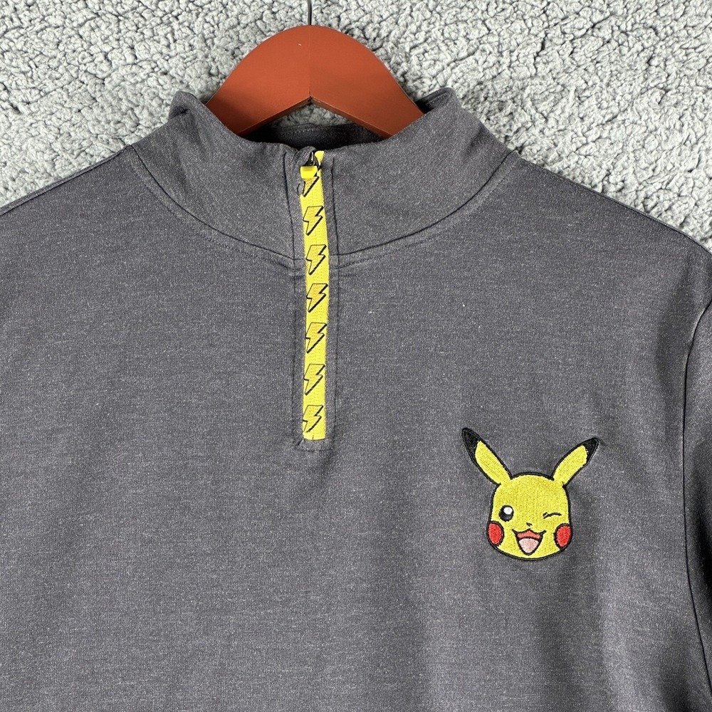 Pokemon Pikachu Sweater Gray Long Sleeve Unisex S Embroidered Logo Bolt Zipper - Picture 2 of 11